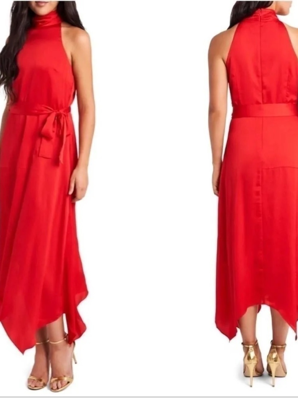 Vince Camuto Red Halter High-Neck Handkerchief-Hem Dress